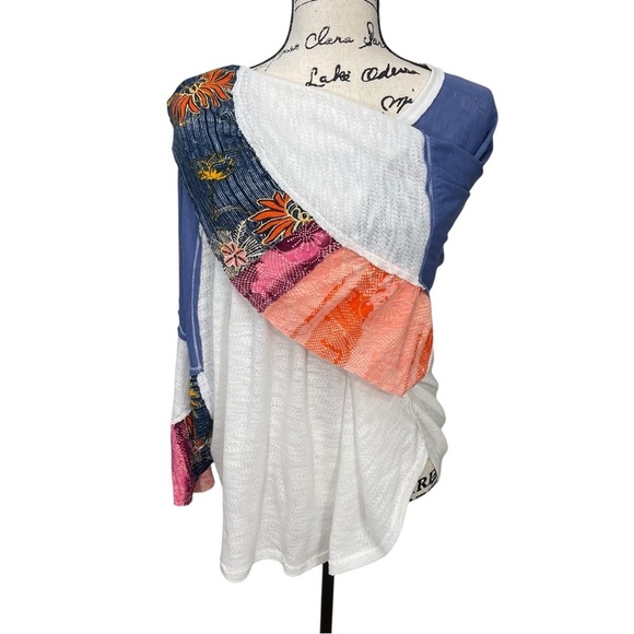 Free People Batwing Oversized Flowy Boho Color Block w/Florals Raw Hem Size L - Picture 10 of 14